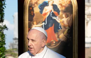 Pope Francis speaks at the at the Grotto of Lourdes in the Vatican Gardens on May 31, 2021, against the backdrop of an image of Our Lady, Undoer (or Untier) of Knots. Credit: Vatican Media